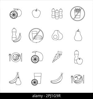 Collection of icons with different fruit and healthy eating in outline design Stock Photo