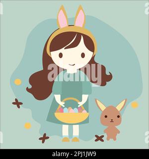 happy Girl and bunny with Easter BAsket Full of Eggs Stock Photo