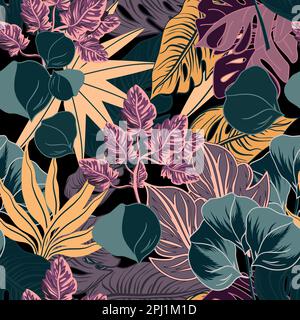 Seamless botanical tropical pattern with eucalyptus and monstera leaves vector illustration Stock Vector