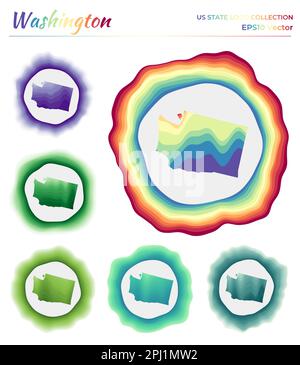 Washington logo collection. Colorful badge of the US state. Layers around Washington border shape. Vector illustration. Stock Vector