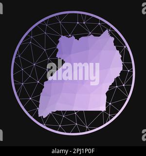 Uganda icon. Vector polygonal map of the country. Uganda icon in geometric style. The country map with purple low poly gradient on dark background. Stock Vector
