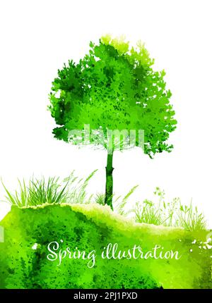 Green watercolor tree. Hello Spring. Vector illustration Stock Vector