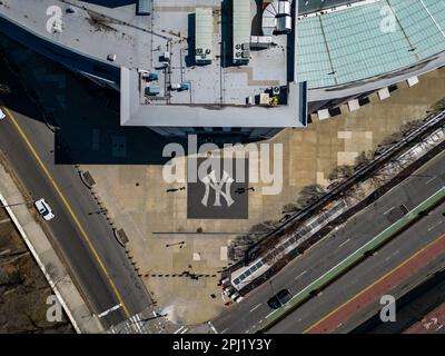 An aerial view of the Yankee stadium located in the center of Bronx with lots of buildings around it Stock Photo