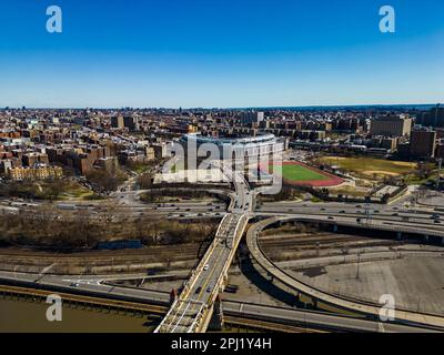 An aerial view of the Yankee stadium located in the center of Bronx with lots of buildings around it Stock Photo