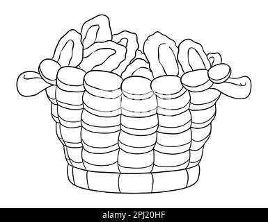 Traditional basket with handles, filled with loaves of bread that reminds us of the biblical miracle of feeding the multitude. Design in outlines for Stock Vector