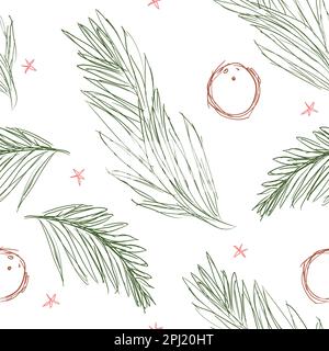 Pattern design with palm leaves, coconuts and stars in sketch or hand drawn style. Stock Vector