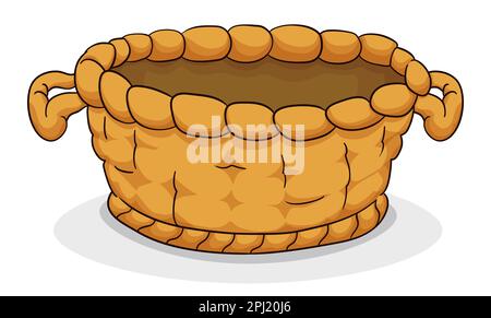 Isolated and empty basket with handles in natural fiber. Design in cartoon style and outlines. Stock Vector