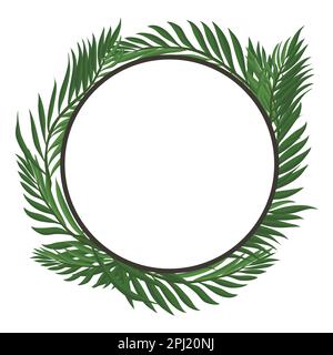 Template design with round button, dark frame decorated with palm leaves in cartoon style. Stock Vector