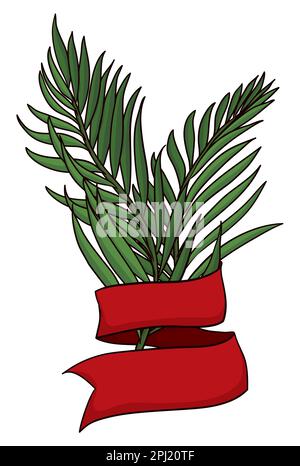 Template design with two palm tree branches wrapped with red ribbon. Cartoon style design over white background. Stock Vector