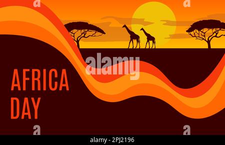 Africa day. Silhouette of giraffe and trees in savannah. Vector Africa day card. Poster in orange color. Stock Vector