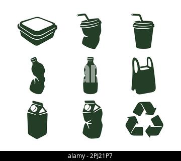 Set of vector icons, recycling, environment, ecology and environmental pollution. Plastic packaging and box, plastic bottle and cup, plastic bag Stock Vector