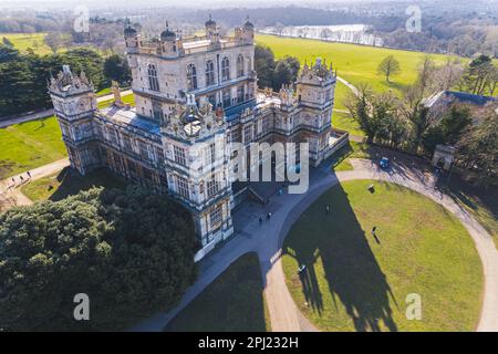 aerial view of a glorious Wollaton Hall (Natural History Museum) and Park. Wollaton Hall was designed by Robert Smythson and built by Sir Francis Willoughby between 1580 and 1588. Nottingham, UK. High quality photo Stock Photo