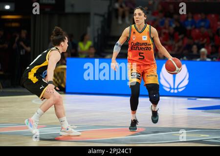 Melisa Paola Gretter of Movistar Estudiantes (L) and Cristina Ouvina of Valencia Basket (R) in action during the Quarterfinals of the Queen's Cup on m Stock Photo