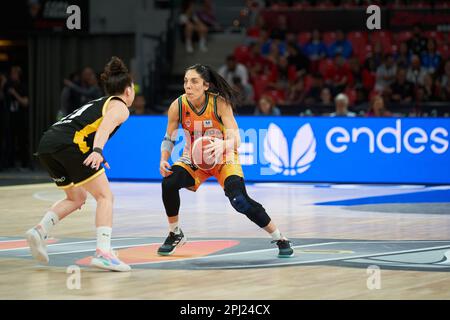 Melisa Paola Gretter of Movistar Estudiantes (L) and Cristina Ouvina of Valencia Basket (R) in action during the Quarterfinals of the Queen's Cup on m Stock Photo