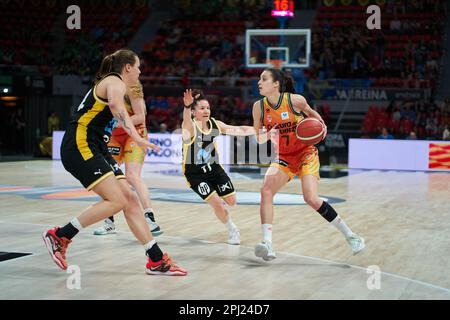 Melisa Paola Gretter of Movistar Estudiantes (L) and Angela Salvadores of Valencia Basket (R) in action during the Quarterfinals of the Queen's Cup on Stock Photo