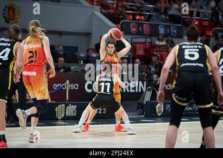 Melisa Paola Gretter of Movistar Estudiantes (L) and Elena Buenavida of Valencia Basket (R) in action during the Quarterfinals of the Queen's Cup on m Stock Photo