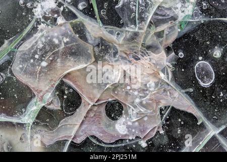 Cracked glass structures with trapped air bubbles for grunge background textures Stock Photo