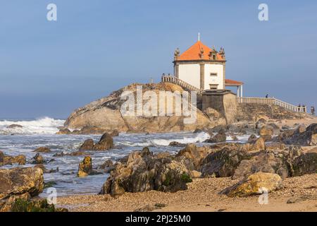 Europe, Portugal, Arcozelo. April 9, 2022. Capela Do Senhor De Pedra, Chapel of the Lord of Stone, on Miramar Beach, Praia de Miramar. Stock Photo
