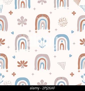 Cute boho seamless pattern with rainbow, floral and abstract elements Stock Vector