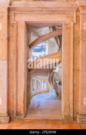 Europe, Portugal, Tomar. April 14, 2022. Spiral staircase in the Convent of Christ in the Castle of Tomar. Built by the Knights Templar, a UNESCO Worl Stock Photo