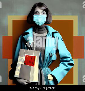 a woman wearing a face mask and holding shopping bags in front of an orange, brown, yellow, blue, green, red Stock Photo