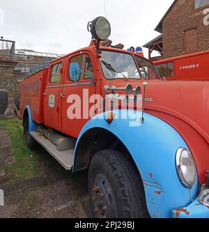 Red & blue, beer delivery vehicle, Bacharach (Bacharach am Rhein),  Mainz-Bingen district, Germany Stock Photo