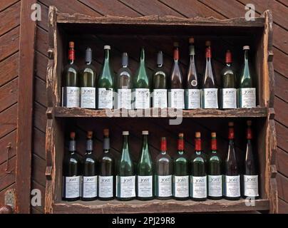 Jost Dry Riesling, Spatburgunder Rosee, Dornfelder, Rotwein wine bottles, Bacharach (Bacharach am Rhein),  Mainz-Bingen district, Germany Stock Photo