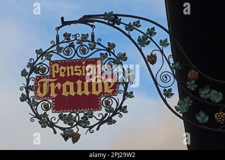 Ornate iron sign, Pension Traube - Blcherstrasse 59, 55422 Bacharach (Bacharach am Rhein),  Mainz-Bingen district, Germany Stock Photo