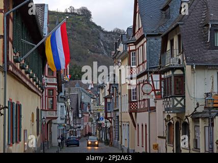 Fastnacht carnival flag flying Bacharach (Bacharach am Rhein), ???,  Mainz-Bingen district, Germany Stock Photo