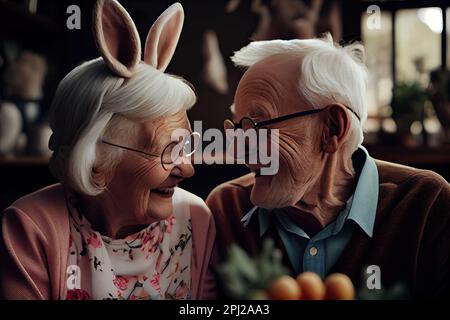 an older couple smiling and looking at each other people who are wearing bunny ears as they look into each other persons'eyes Stock Photo