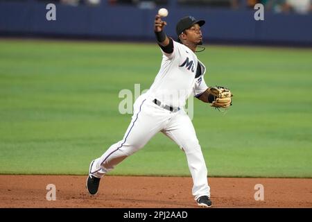 Miami Marlins third baseman Jean Segura (9) prepares for the game against  the Colorado Rockies. The Rockies defeated the Marlins 7-6 in Denver.  (Margaret Bowles via AP Images Stock Photo - Alamy