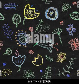 Childish crayon drawing of flowers and leaves seamless pattern. Simple floral illustration by color chalk on black background Stock Photo