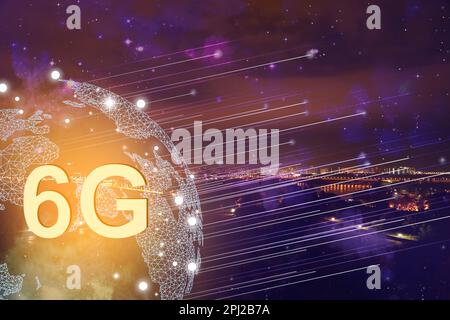 6G wireless network. Illustration of Earth with connection lines and view of night cityscape Stock Photo