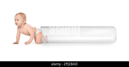 Little baby and test tube on white background, banner design. Reproductive medicine Stock Photo