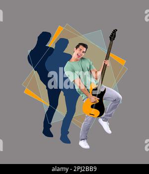 Happy teenage boy having fun with drawn guitar on grey background. Bright creative collage design Stock Photo