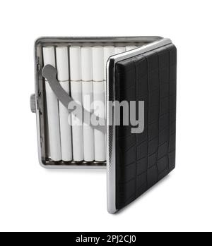 Stylish case with cigarettes isolated on white Stock Photo