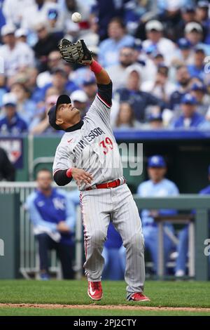 Minnesota Twins' Donovan Solano (39) celebrates after hitting a double  during the first inning a baseball game against the Los Angeles Dodgers in  Los Angeles, Tuesday, May 16, 2023. (AP Photo/Ashley Landis