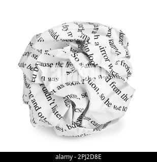 Crumpled sheet of paper with printed text isolated on white Stock Photo