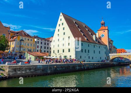 Regensburg, Germany, August 13, 2022: view of Danube waterfront in Regensburg, Germany. Stock Photo