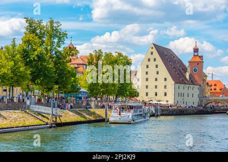 Regensburg, Germany, August 13, 2022: view of Danube waterfront in Regensburg, Germany. Stock Photo