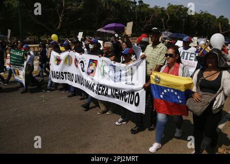 Maracaibo, Venezuela. 30th Mar, 2023. Workers take part during a demonstration to demand decent wages, Hundreds of unions join in the protest which was called 'Via Crucis of the workers'' due the the serious salary crisis. on March 30, 2023 in Marcaibo, Venezuela. (Photo by Humberto Matheus/ Eyepix Group)./Eyepix Group (Credit Image: © Humberto Matheus/eyepix via ZUMA Press Wire) EDITORIAL USAGE ONLY! Not for Commercial USAGE! Stock Photo