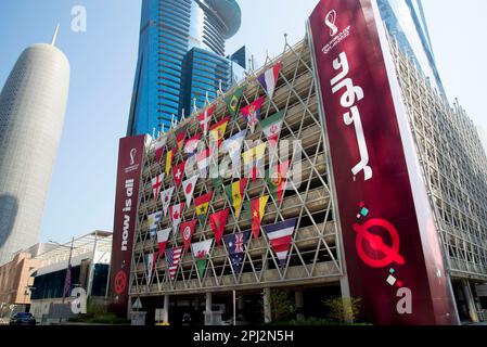 Doha, Qatar - October 7, 2022: Flags of qualified nations for the FIFA World Cup 2022 Stock Photo