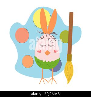 Easter egg with rabbit ears and chicken beak and legs with a big brush. Vector Illustration holiday character concept. Stock Vector