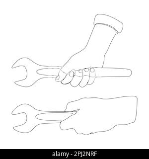 One continuous line of hand holding Wrench. Thin Line Illustration vector concept. Contour Drawing Creative ideas. Stock Vector