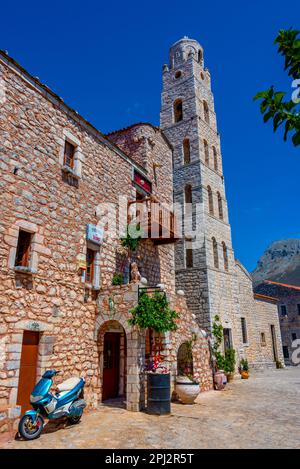 Aeropoli, Greece, September 6, 2022: Traditional Mani towers at Greek town Aeropoli. Stock Photo