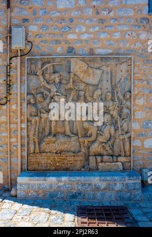 Aeropoli, Greece, September 6, 2022: Historic mural of the Greek Revolution heroes on the main square of Areopoli, Greece.. Stock Photo