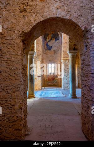 Mystras, Greece, September 7, 2022: Decorated Holy Church of Agia Sophia of Mystras archaeological site in Greece. Stock Photo