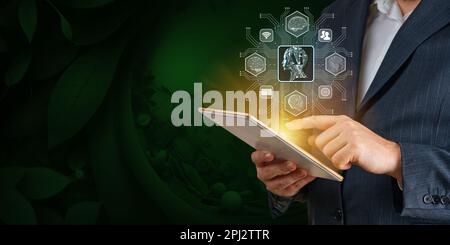 Businessman working on tablet using ai. Business technology, IoT Internet of Things, ai concept Stock Photo