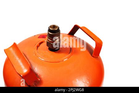 On white background, close-up of the top of an orange butane gas cylinder where are the handles to pick it up and the valve. Stock Photo