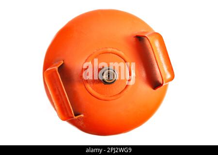 On a white background, top view of an orange butane gas cylinder, showing the valve and the handles to hold it. Stock Photo